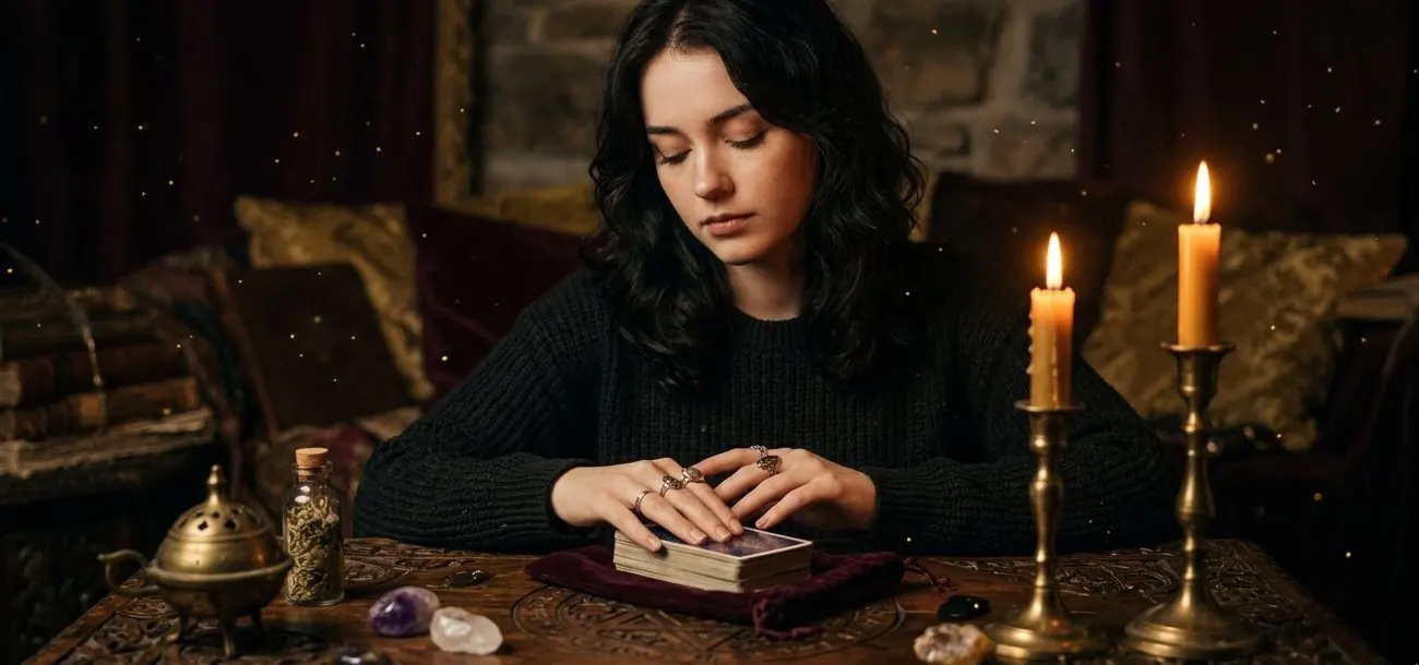 Mulher sentada à mesa, tocando um baralho à luz de velas
