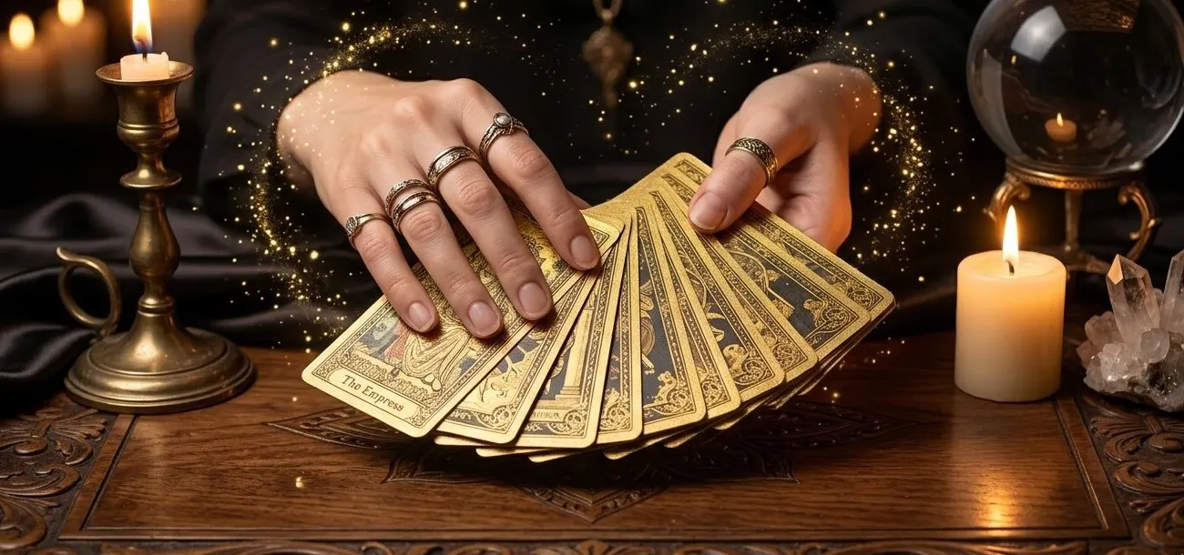 Mãos com anéis abrindo um leque de cartas douradas à luz de velas